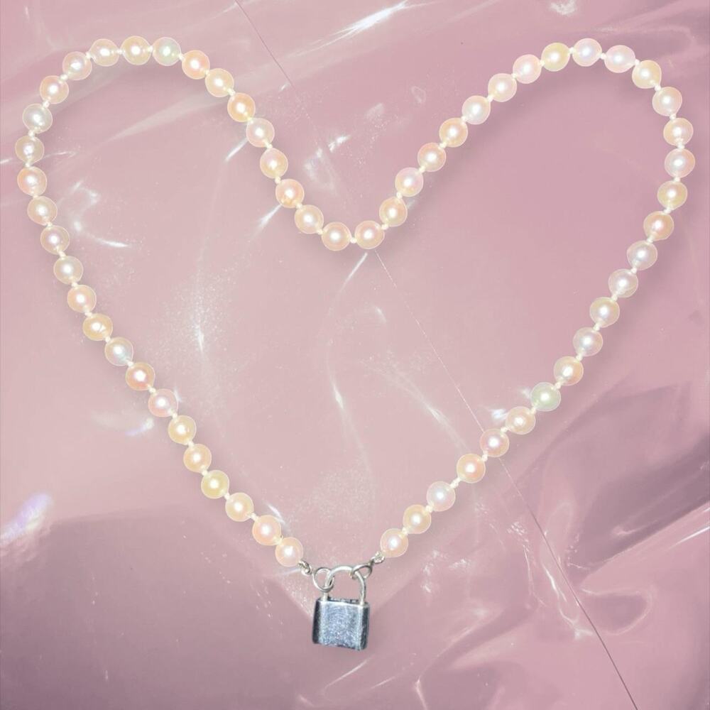 Y2K Romantic Pearl Necklace with 925 Sterling Silver padlock clasp 16 inches